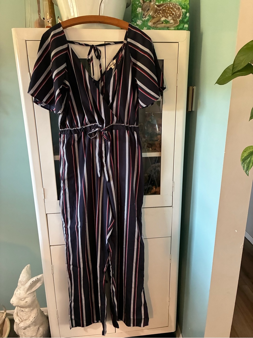 Blush sz L Striped Navy Wide-Leg Jumpsuit with Tie Waist like new!